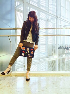 「ジーナシス」｜「アイテム（ライダースジャケット）」を使った、reiさん（レディース・163cm）の春コーディネート