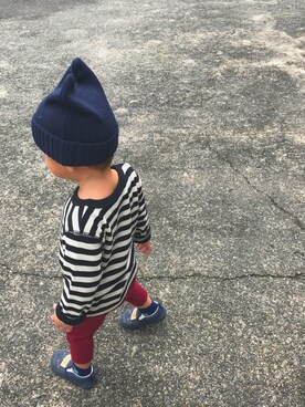 「西松屋（ニシマツヤ）のアイテム（ニットキャップ/ビーニー、ブルー系）」を使った、ととさん（キッズ）の秋コーディネート