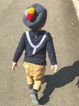 「Birthday（バースデイ）のアイテム（ハンチング/ベレー帽、グレー系）」を使った、ととさん（キッズ）の秋コーディネート