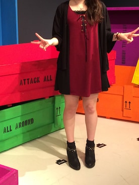 「サンキのアイテム（ワンピース、レッド系）」を使った、ponriさん（レディース・153cm）の秋コーディネート