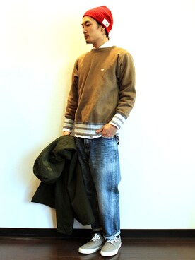 「melple（メイプル）のアイテム（帽子）」を使った、twothings&thinkさん（メンズ・172cm）の冬コーディネート