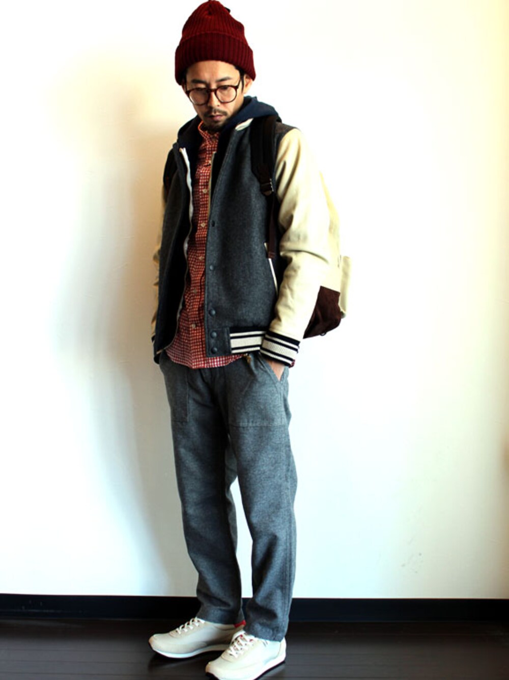 「ニット、 スタジャン、 ウール」｜「NEW YORK HATのCHUNKY CUFF（ニットキャップ/ビーニー、ブラック系）」を使った、twothings&thinkさん（メンズ・168cm）の冬コーディネートの1枚目の写真