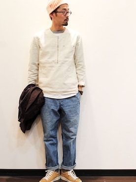 「ノーカラーシャツ」｜「アイテム（ナイロンジャケット）」を使った、twothings&thinkさん（メンズ・168cm）の春コーディネート