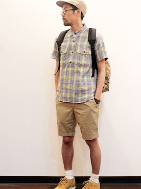 「INFIELDER DESIGN（インフィールダーデザイン）のアイテム（キャップ）」を使った、twothings&thinkさん（メンズ・168cm）の夏コーディネート