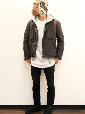 「ink（インク）のアイテム（ニットキャップ/ビーニー）」を使った、twothings&thinkさん（メンズ・168cm）の冬コーディネート