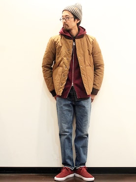 「INFIELDER DESIGN（インフィールダーデザイン）のアイテム（ニットキャップ/ビーニー）」を使った、twothings&thinkさん（メンズ・168cm）の冬コーディネート
