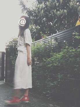 「Ungrid（アングリッド）の【Casual】ﾜｲﾄﾞﾙｰｽﾞTｼｬﾂ（Tシャツ/カットソー、ホワイト系）」を使った、じんちゃんさん（レディース）の春コーディネート