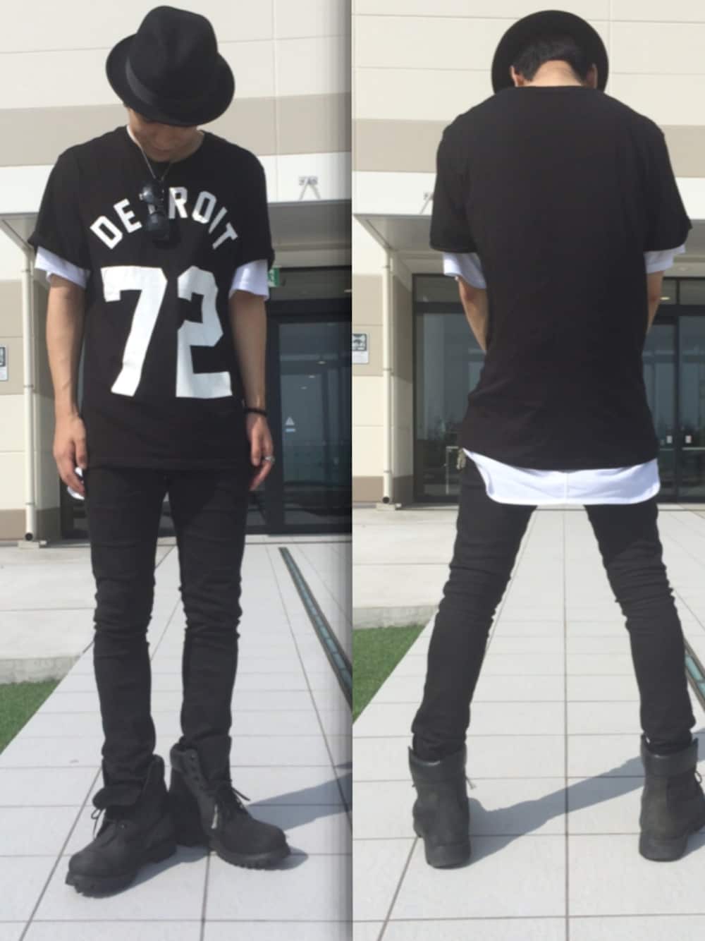 「CA4LA、H&M、ストリート、オールブラック、ハット、BIGBANG、Timberland、LEGENDA」｜「TimberlandのTIMBERLAND 6inch PREMIUM BOOT　BLACK NUBUCK（その他、その他）」を使った、kotoraさん（メンズ・174cm）の夏コーディネートの1枚目の写真