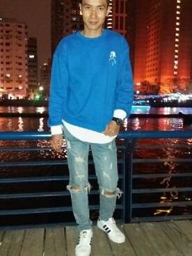 「PSGBのアイテム（トップス、ブルー系）」を使った、山本さん（メンズ・170cm）の冬コーディネート