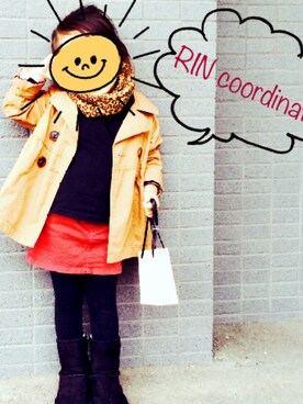 「アイテム（デニムスカート、レッド系）」を使った、RR♡さん（キッズ・100cm）の春コーディネート