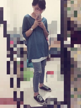 「TOPSHOP（トップショップ）のアイテム（トップス、ブルー系）」を使った、叶芸芸芸さん（レディース）の秋コーディネート