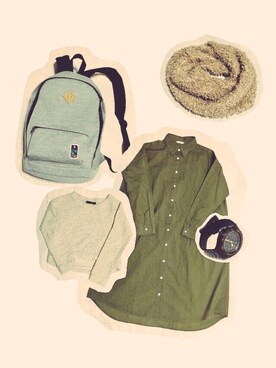 「studio CLIP（スタディオクリップ）のアイテム（シャツワンピース、グリーン系）」を使った、R i n a さん（レディース・160cm）の秋コーディネート