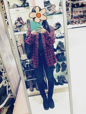 「赤チェック」｜「アイテム（ブーティ）」を使った、yuzuさん（レディース・167cm）の秋コーディネート