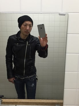 「666」｜「アイテム（ライダースジャケット）」を使った、DJ KOKI ABE さん（メンズ・171cm）の春コーディネート