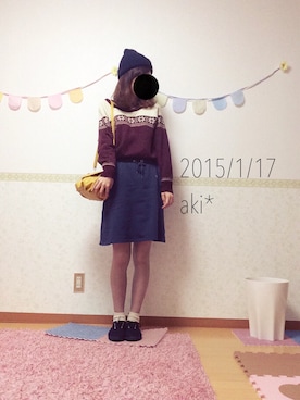 「タイツ×靴下」｜「アイテム（ニットキャップ/ビーニー）」を使った、aki*さん（レディース・161cm）の冬コーディネート