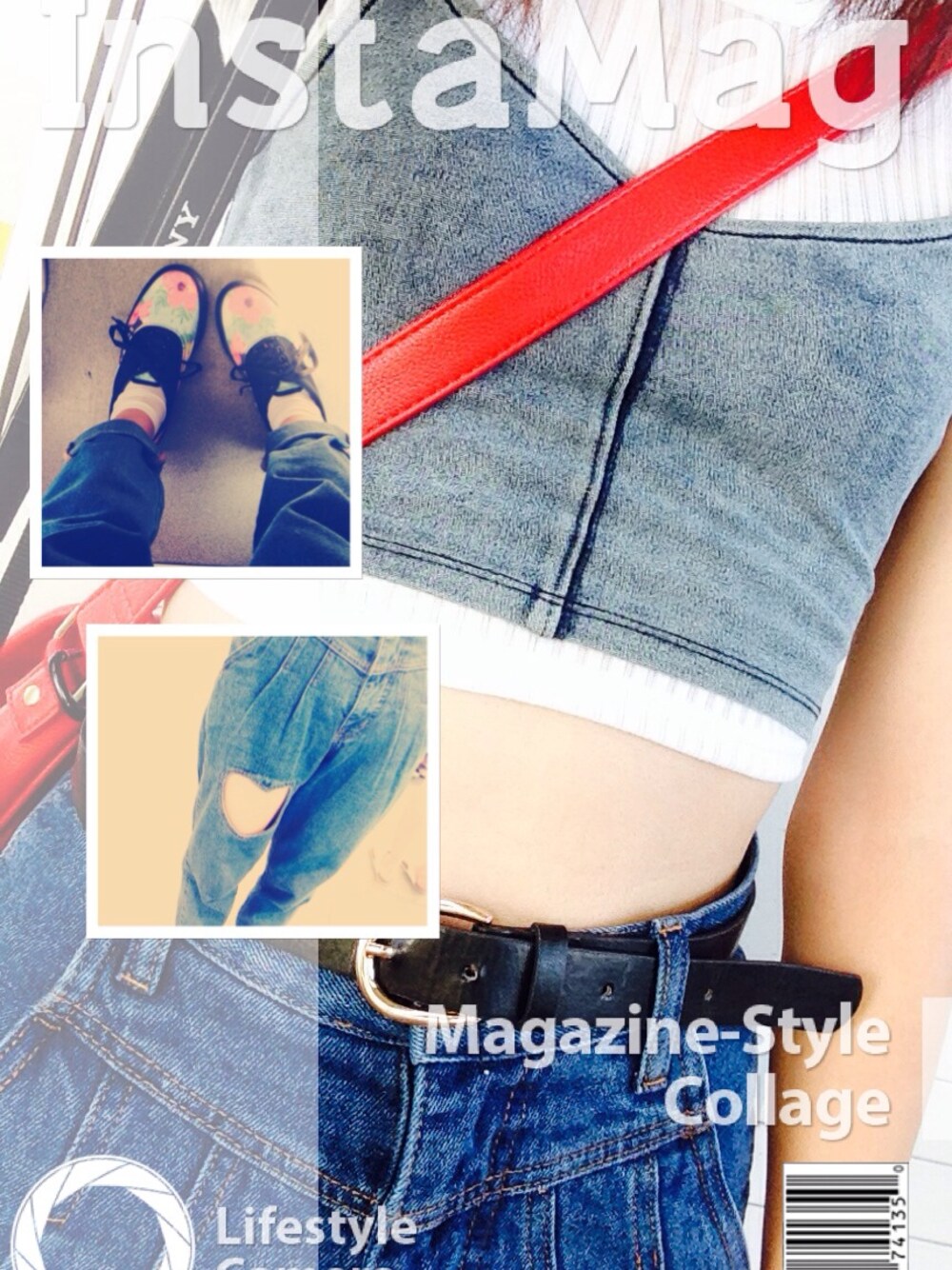 ブルー系のパンツ、ブラック系のスニーカー、レッド系のショルダーバッグを着用したレディースの夏コーディネートの1枚目の写真
