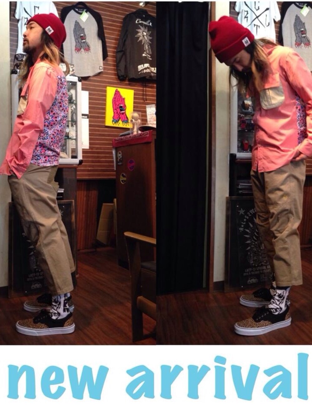 ピンク系のシャツ/ブラウス、その他のスニーカー、ベージュ系のその他パンツを着用したメンズの春コーディネートの1枚目の写真