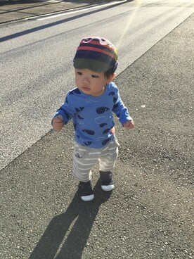 「present（プレゼント）のアイテム（キャップ）」を使った、harurururuさん（キッズ・80cm）の秋コーディネート