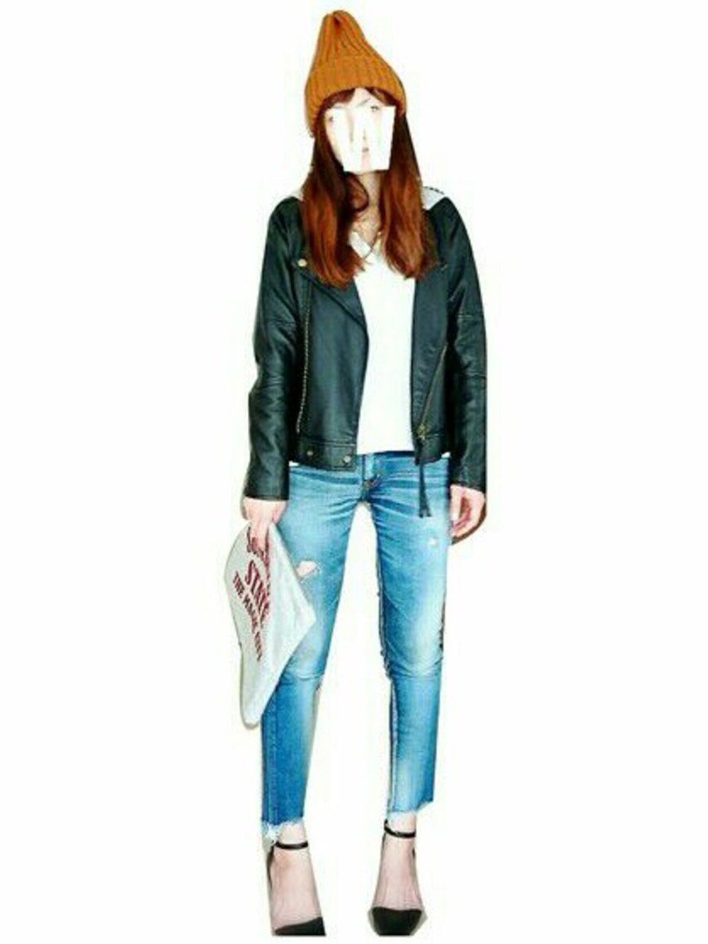「ドラフトUN、ニットキャップ、ライダース、デニム、クラッチバッグ」｜「Ungridのアイテム（デニムパンツ、ブルー系）」を使った、＊maru＊さん（レディース・157cm）の春コーディネートの1枚目の写真