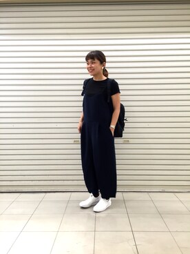 「リブT」｜「アイテム（つなぎ/オールインワン）」を使った、おはぎ❇︎さんさん（レディース・154cm）の秋コーディネート