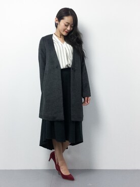 「rps（アールピーエス）のアイテム（チェスターコート）」を使った、三上玲奈さん（レディース・165cm）の冬コーディネート