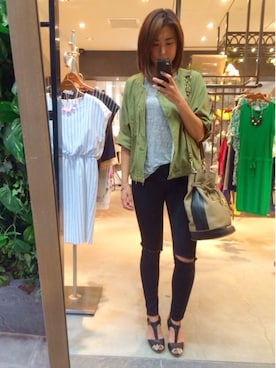 「アイテム（ノーカラージャケット、グリーン系）」を使った、▲Yuuri.s▼さん（レディース・165cm）の夏コーディネート