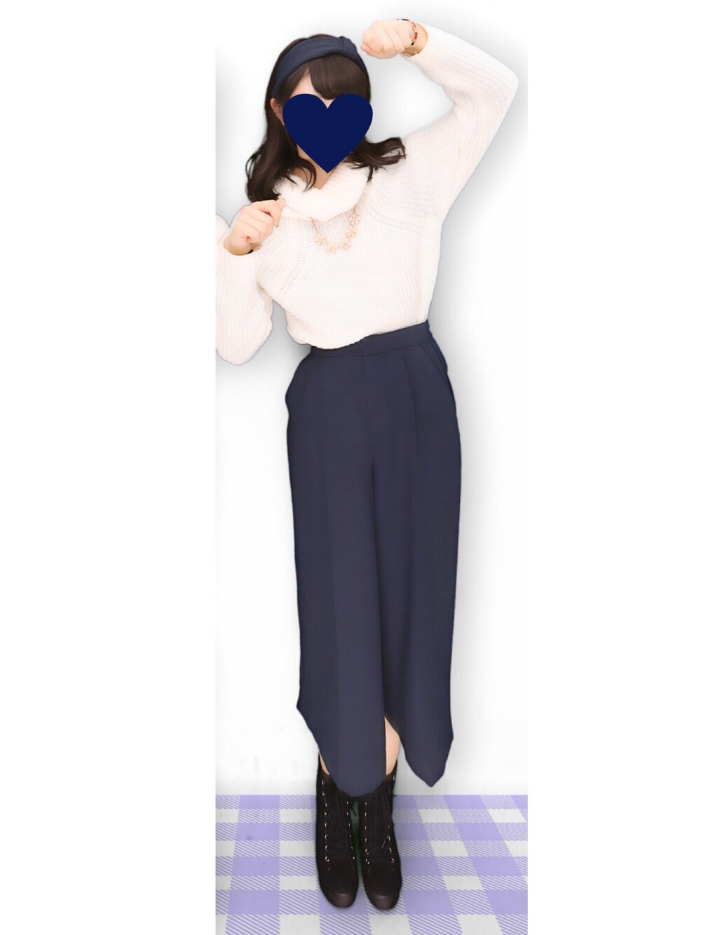「ガウチョパンツ、タートルネック、ヘアバンド」｜「INGNIのJZガウチョ/パンツ-2015AW-（その他パンツ、ブルー系）」を使った、もえのすけさん（レディース・159cm）の冬コーディネートの1枚目の写真