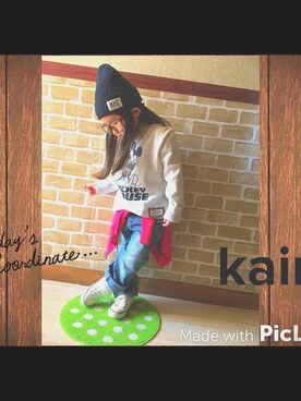 「しまむら（シマムラ）のアイテム（パーカー、グレー系）」を使った、kairiさん（キッズ・100cm）の春コーディネート