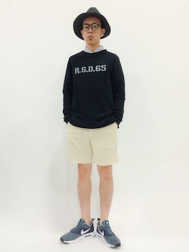 「シャツ×スウェット」｜「アイテム（帽子）」を使った、マツダ ケンさん（メンズ・174cm）の春コーディネート