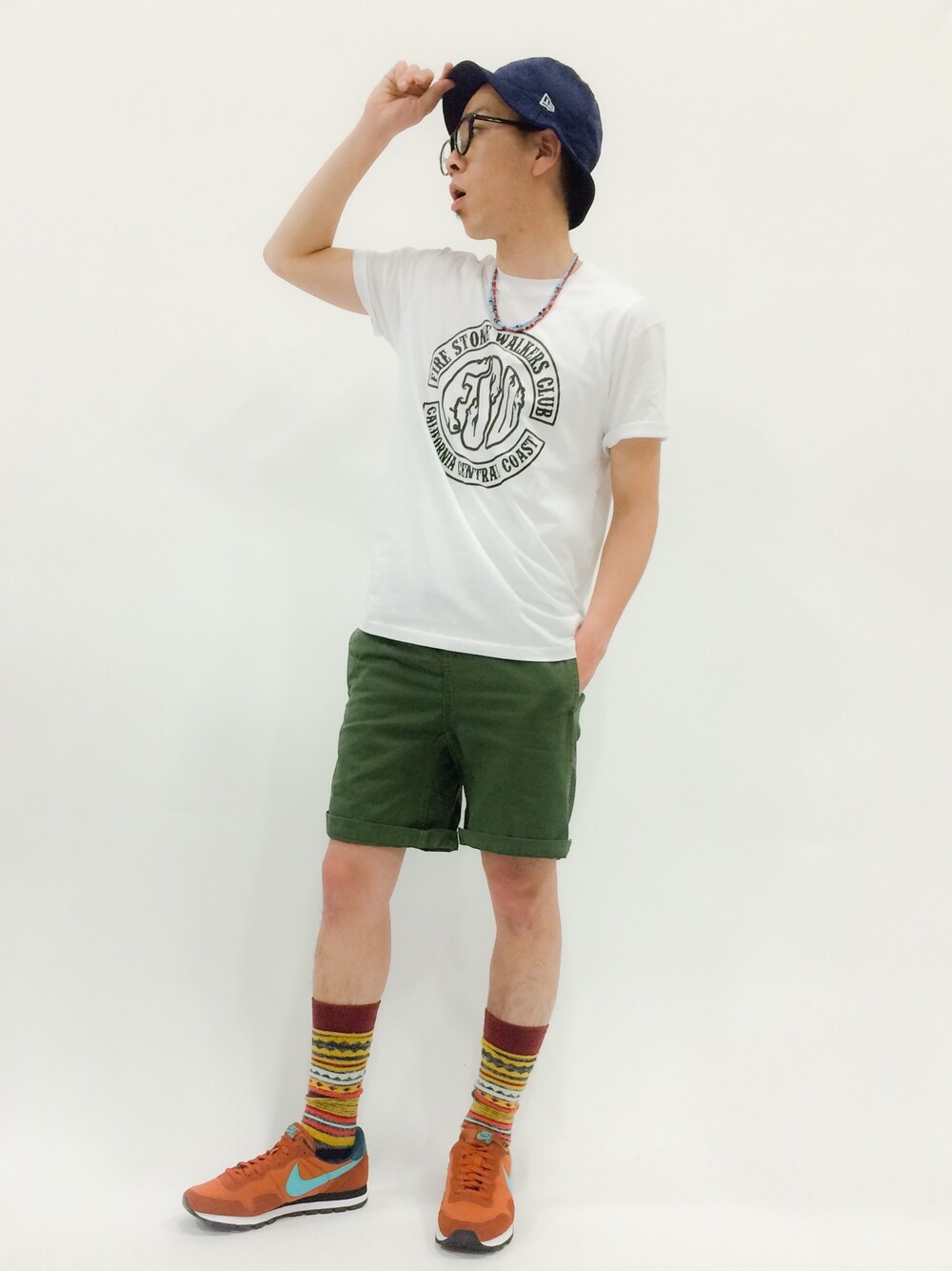 「ロゴT、アウトドアスタイル、ハット、ショーツ、GRAMICCI」｜「URBAN RESEARCH Sonny LabelのSonny Label 発泡プリントTシャツ（Tシャツ/カットソー、ホワイト系）」を使った、マツダ ケンさん（メンズ・174cm）の春コーディネートの1枚目の写真