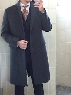「Scye（サイ）のアイテム（チェスターコート）」を使った、きっどマンさん（メンズ・175cm）の冬コーディネート