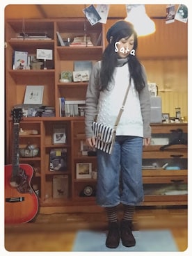 「ボーダーソックス」｜「アイテム（ニットキャップ/ビーニー）」を使った、saraさん（レディース・151cm）の春コーディネート