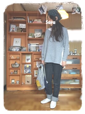 「タートルネックカットソー」｜「アイテム（ハンチング/ベレー帽）」を使った、saraさん（レディース・151cm）の春コーディネート
