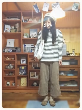 「ボーダーTシャツ」｜「アイテム（モカシン/デッキシューズ）」を使った、saraさん（レディース・151cm）の春コーディネート