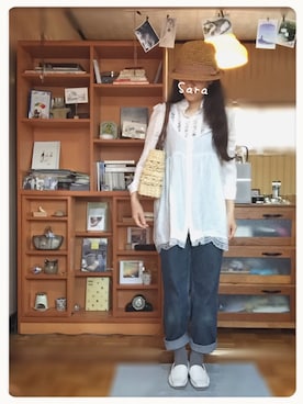 「麦わら帽子」｜「アイテム（モカシン/デッキシューズ）」を使った、saraさん（レディース・151cm）の春コーディネート