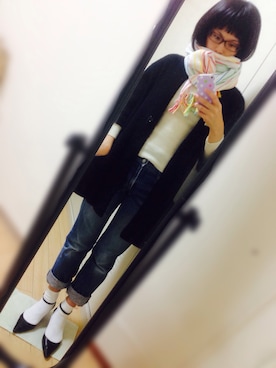 「大判ストール」｜「アイテム（ノーカラージャケット）」を使った、ecoさん（レディース・163cm）の秋コーディネート