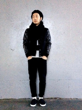 「ブラック×ホワイト」｜「アイテム（スタジャン）」を使った、なんばシティメンズビギリミテッドさん（メンズ・170cm）の冬コーディネート