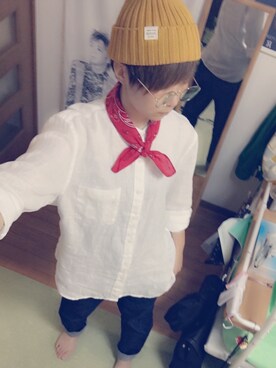 「GU（ジーユー）のアイテム（シャツ/ブラウス、ホワイト系）」を使った、Katto Harunaさん（レディース）の夏コーディネート