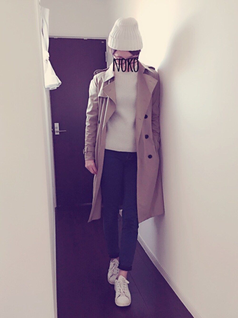 「秋のコーデ、カジュアル、パンツ、outfit」｜「brand ?のアイテム（ニットキャップ/ビーニー、ホワイト系）」を使った、nokochestさん（レディース・166cm）の秋コーディネートの1枚目の写真