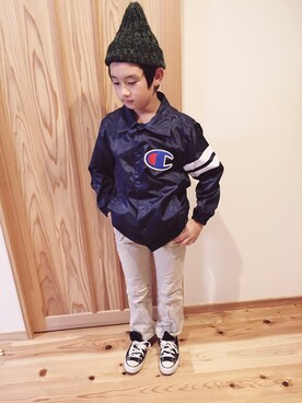 「Champion（チャンピオン）のアイテム（ナイロンジャケット）」を使った、そふとくりん♥︎さん（キッズ・140cm）の秋コーディネート