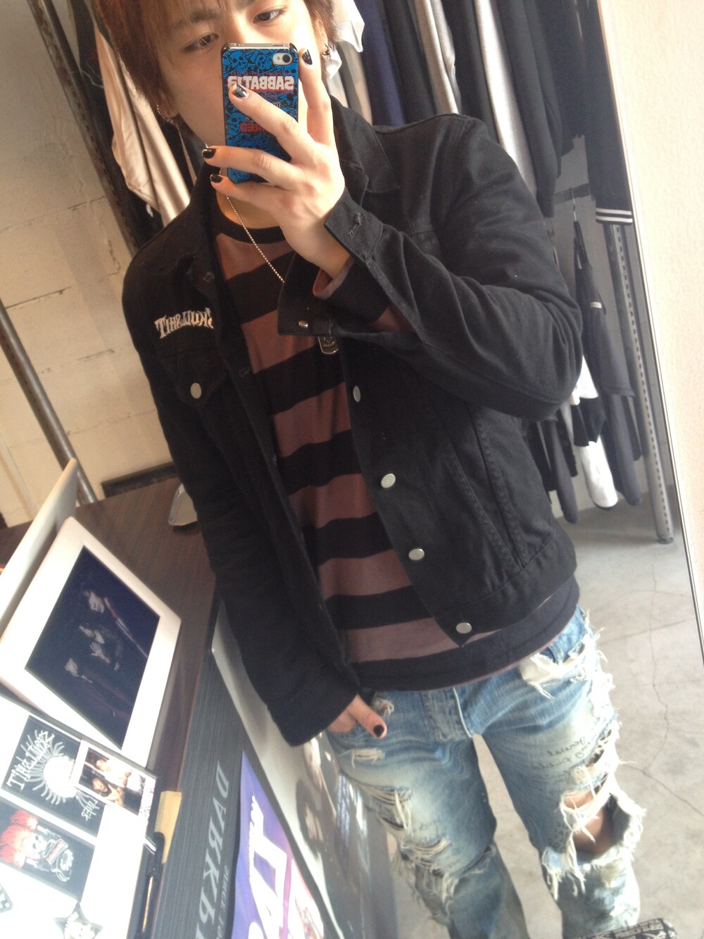 「SKULL SHITのLong Sleeve Border T-sh （Tシャツ/カットソー、ブラック系）」を使った、DARKPLOT 1996さん（メンズ・168cm）の春コーディネートの1枚目の写真