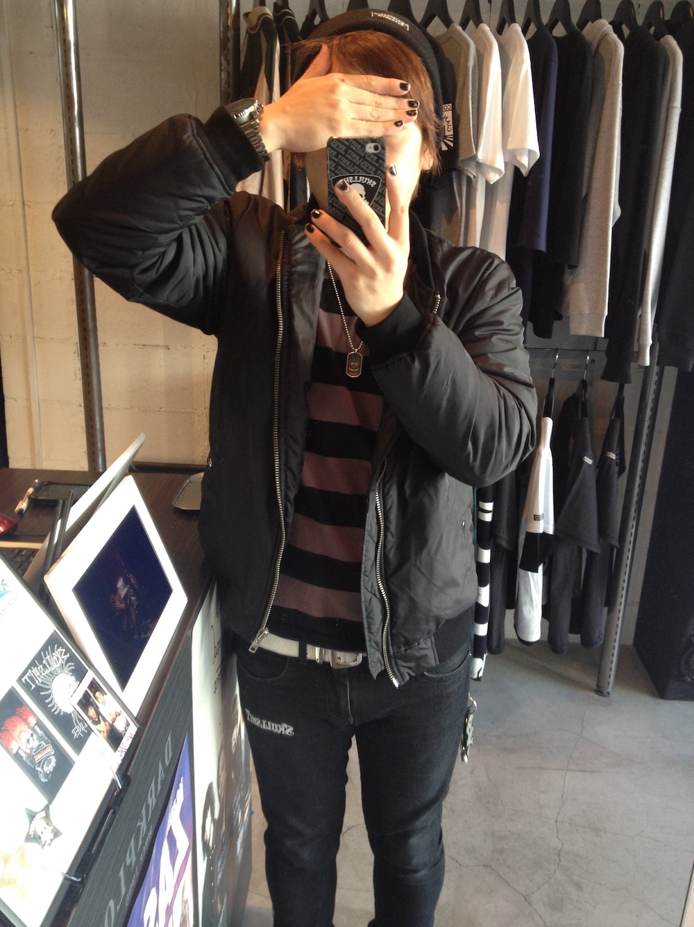 「SKULL SHITのLong Sleeve Border T-sh （Tシャツ/カットソー、ブラック系）」を使った、DARKPLOT 1996さん（メンズ・168cm）の春コーディネートの1枚目の写真