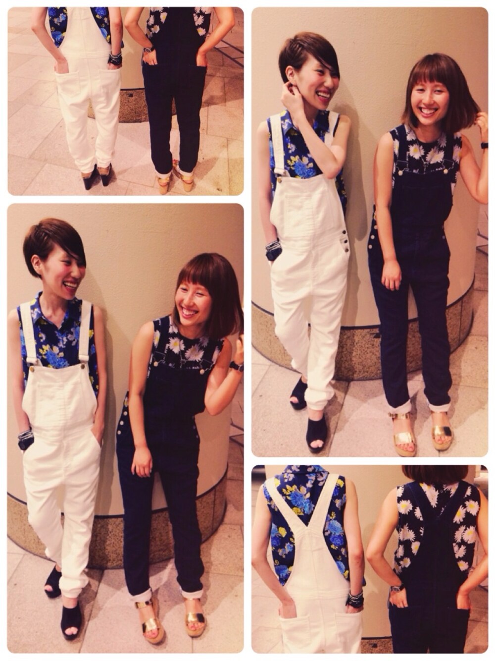 ゴールド系のサンダル、ホワイト系のサロペット/オーバーオール、ブルー系のサロペット/オーバーオールを着用したレディースの夏コーディネートの1枚目の写真