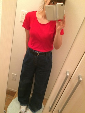 「RAY CASSIN（レイカズン）のテレコＴシャツ（Tシャツ/カットソー、レッド系）」を使った、yumiさん（レディース・155cm）の秋コーディネート