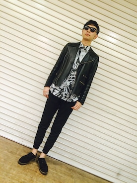 「mode」｜「アイテム（ライダースジャケット）」を使った、梶さんさん（メンズ・178cm）の秋コーディネート