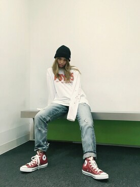 「RNA（アールエヌエー）のE4241 コットンリブハンドニットワッチ（ニットキャップ/ビーニー、ブラック系）」を使った、Sakuraさん（レディース）の秋コーディネート