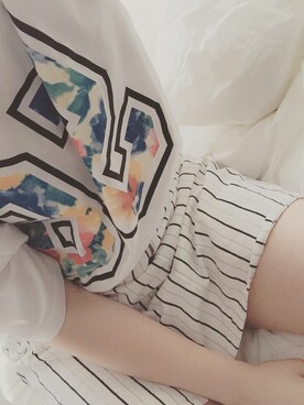 「WEGO（ウィゴー）のアイテム（Tシャツ/カットソー、ホワイト系）」を使った、ねこのめさん（レディース・151cm）の夏コーディネート