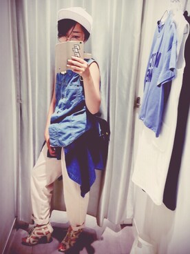 「古着のアイテム（シャツ/ブラウス、ブルー系）」を使った、ねこのめさん（レディース・151cm）の夏コーディネート