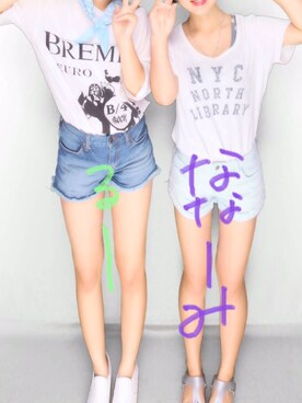 「GU（ジーユー）のアイテム（パンツ、ブルー系）」を使った、ねこのめさん（レディース・151cm）の夏コーディネート