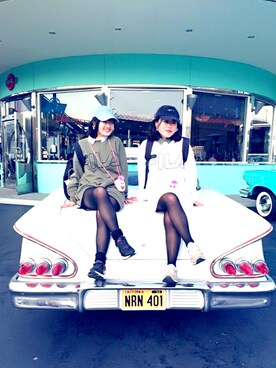 「SPINNS（スピンズ）のアイテム（スウェット、グリーン系）」を使った、ねこのめさん（レディース・151cm）の春コーディネート